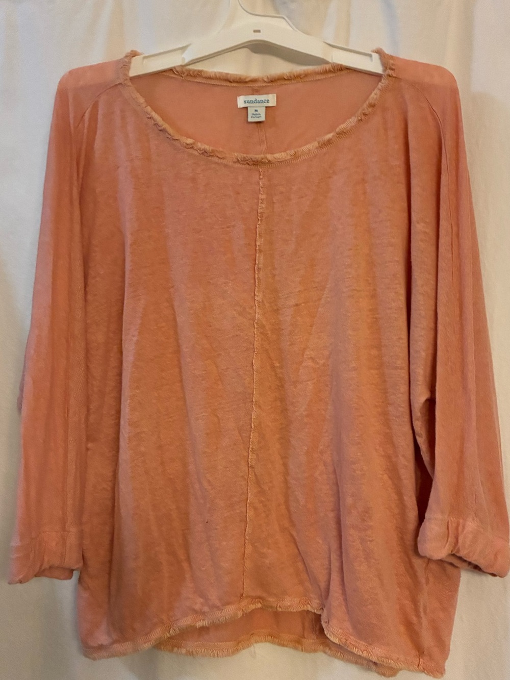 Sundance Peach Colored Frayed-Trim Long Sleeve Top. Size Medium. EUC. Scoop Neck